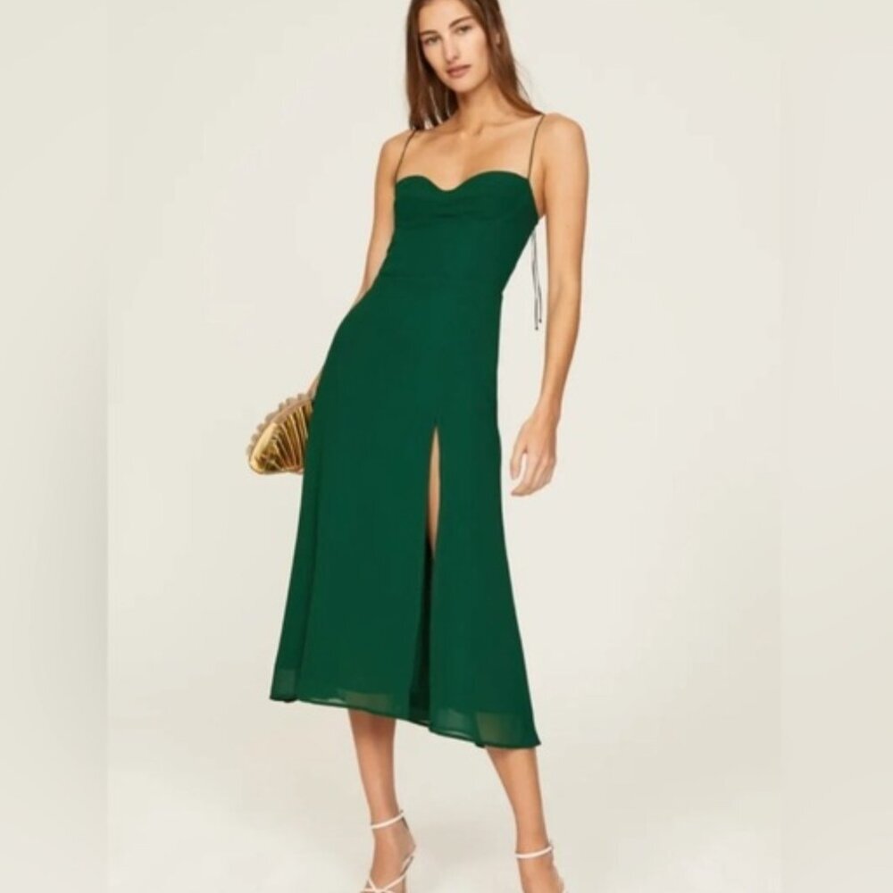 NEW Reformation Juliette Dress in Emerald Dark Green Side Slit | US 2 UK 6